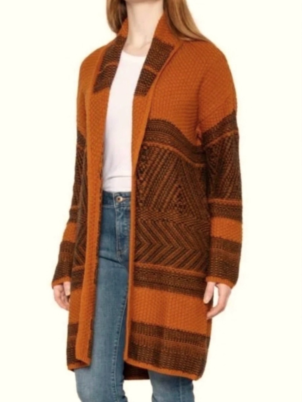 Lucky Brand Women's Aztec Open Front Long Cardigan Burnt Orange Navy Boho S